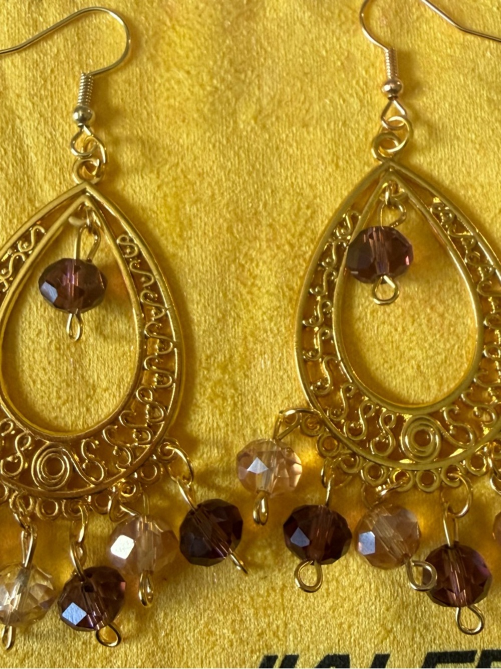 Handmade Gold Teardrop Dangle Earrings with Brown and Gold Beads - Women Jewelry
